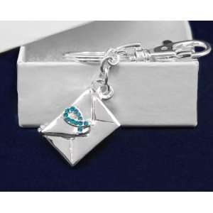  Teal Ribbon Silver Envelope Key Chain   (18 Key Chains 