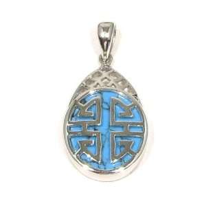 Turquoise Oriental Longevity Character Design Fine 925 Sterling Silver 