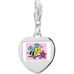  925 Sterling Silver Spring Bee With Flower Photo Heart 