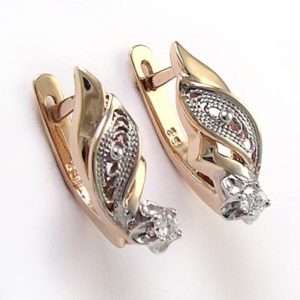 Russian jewelry 18k Rose & White Gold Diamond Earrings  