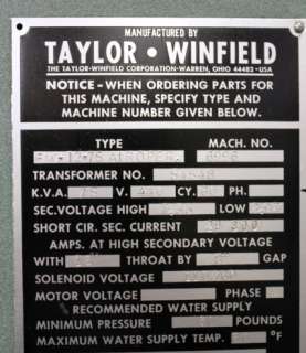 TAYLOR WINFIELD 75 kVA Air Operated Press Type Resistance Spot Welder 