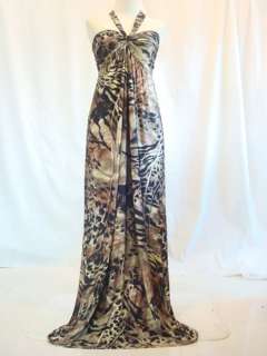 New Womens Party Leopard Brown Halter Strap Smocked Long Maxi Dress 