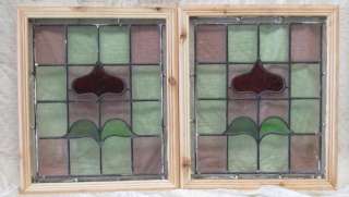 Pair of Antique Stained Glass Windows Five color Ruby Red Tulips 