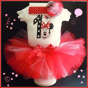 1st year Girls Minnie Mouse Tutu Hairbow T shirt Birthday Party 