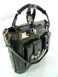 VERSACE Socialite Satchel Black Patent Leather Tote Bag Handbag NEW 