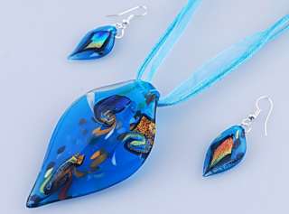 FREE Blue Leaf Dichroic Foil Murano Glass 38*66mm Pendant Necklace 