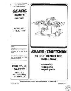  Craftsman Table Saw Manual Model # 113.221740  