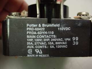 POTTER BRUMFIELD 25A 277VAC 2 POLE RELAY SPDT 110V  