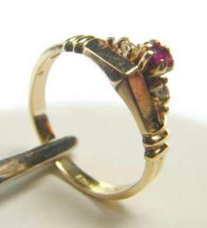 Vintage Art Carved Ruby Diamond 14k Gold Ring Size 6  