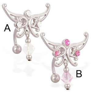  Reversed fancy jeweled buttefly navel ring, pink   B 