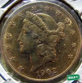 1902 $20 LIBERTY HEAD GOLD DOUBLE EAGLE COIN HIGH GRADE  