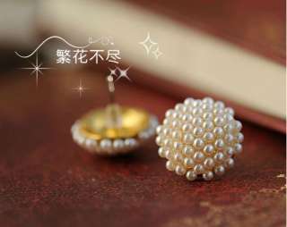 Pair Popular White Beads Pearl Mushroom Gold Plated Earring Ear Stud 