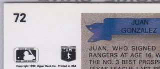 ERR/VAR~RC~JUAN GONZALEZ 1990 Upper Deck ROOKIE ERROR/VARIATION CARD 