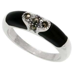 Sterling Silver Marcasite Tubular Jet Stone Ring, 1/4 (6mm) wide 