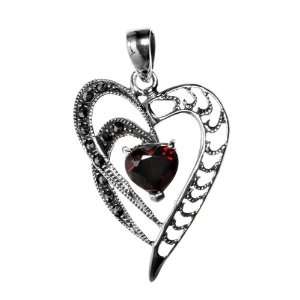   Silver & Garnet CZ Assymetrical Twin Heart Marcasite Pendant Jewelry