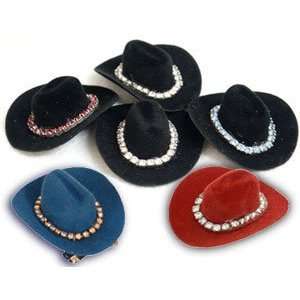  Rhinestone Cowboy Hat Barettes  Color BLACK HAT, RED 