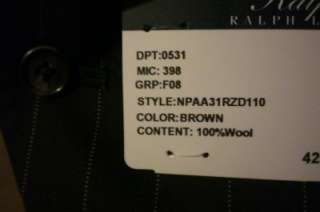 42L Ralph Lauren 3 Piece Suit Brown Pinstripe   NWT    