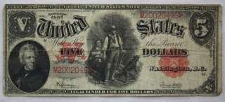 LARGE 1907 $5 DOLLAR BILL UNITED STATES RED SEAL WOODCHOPPER NOTE 