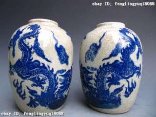 China vintage Old Blue and white porcelain Two Dragon Crock Vase Pair 