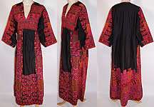 Vintage Bedouin Palestinian Embroidered Black Linen Kaftan Folk Dress 