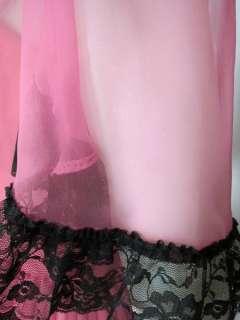 VTG 50s 60s PINK CHIFFON PARTY DRESS w BLACK LACE & FULL PLEATED SKIRT 