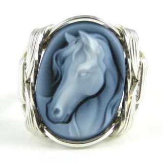   Horse Agate Cameo Ring Sterling Silver Custom Jewelry Wire Art  