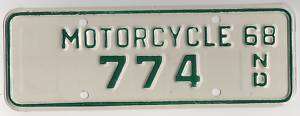 1968 NORTH DAKOTA MOTORCYCLE LICENSE PLATE #774  