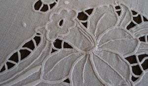 Antique White Linen Tablecloth Hand Embroidered Cutwork Daffodils 69 