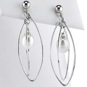   Sterling Silver Marquise Freshwater Pearl Drop Post Earrings Jewelry