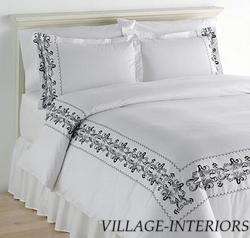 MANOR HILL PURE WHITE W/ BLACK EMBROIDERY KING COTTON DUVET COMFORTER 