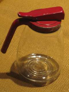 Vintage Syrup Pitcher Glass w Painted Red Metal  