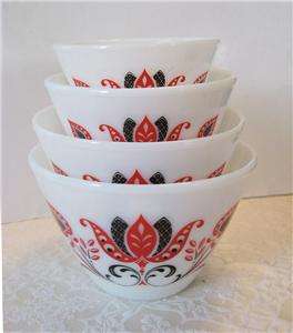Fire King Glass Black & Red Modern Tulips Mixing Bowls Full Set of 4 