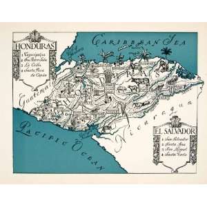   Wildlife Map Hondouras El Salvador   Original In Text Lithograph