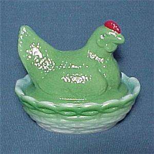 Hen on a Nest Green Milk Glass Covered Chicken Hand Painted Air 