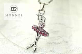 A11 Cute Pink Crystal Ballet Dancer Charms Pendant Necklace (+Gift Box 