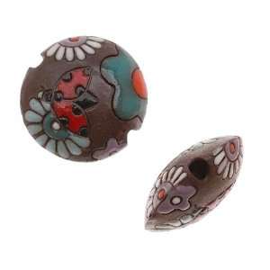  Golem Studio Glazed Ceramic Lentil Bead Brown W/ Ladybug 