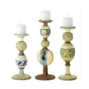 Set of 3 Oceanside Washed Pillar Candle Holders with Fishing Rope 