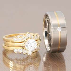   Mens Womens Gold Vermeil Silver Titanium CZ Wedding Ring Set  