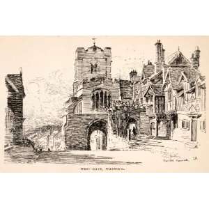   England Architecture Art Walled City House   Original Wood Engraving