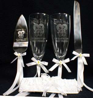 LOVE IS.To Marry My Best Friend Wedding LOT Glasses Cake Knife 