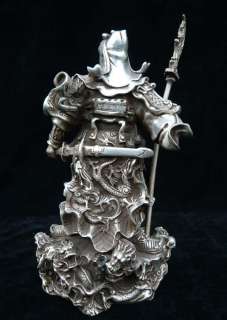11 Chinese Silver Warrior God Guan Yu On Dragon Statu  