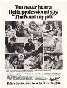 1979 Delta Airlines Magazine Ad. Denver Nuggets Airline  