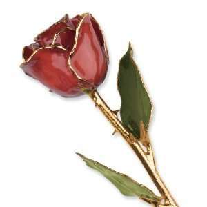 Long Stem Dipped 24K Gold Trim Cinnamon Pearl Lacquered Genuine Rose w 
