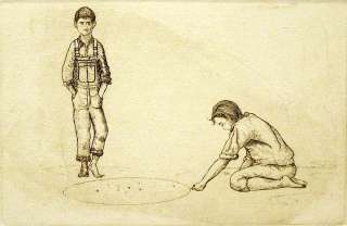 Norwood Aggies Signed & Numbered Art Etching kids playing marbles 