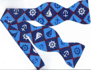 SELF TIE BOW TIE SHIPS AHOY NAUTICAL LATTICE  