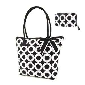   Circle Print Tote and Matching Wallet 2pc Set   Black 