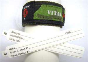 GREEN CAMO Child Vital ID Band, Travel, medical allergy  