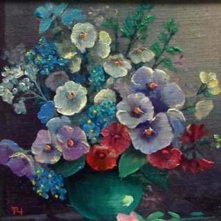 Oil on canvas Pansies Flowers in Vase miniature painting by Lithuanian 