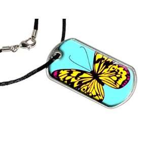  Butterfly Yellow Pink   Military Dog Tag Black Satin Cord 