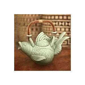    NOVICA Stoneware teapot, Green Fish Legend